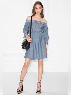 🇫🇷Paris Atelier & Other Stories Chambray Smocked Embroidered Mini Dress🇫🇷